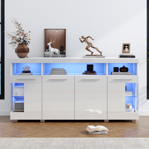 Mesa auxiliar 140x40x70cm - Aparador brilhante com luzes LED, 3 compartimentos, vidro temperado - Branco