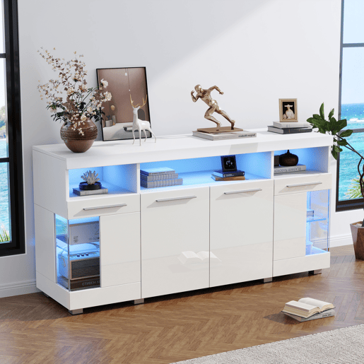 Mesa auxiliar 140x40x70cm - Aparador brilhante com luzes LED, 3 compartimentos, vidro temperado - Branco
