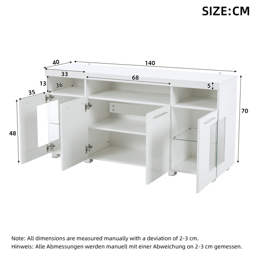 Mesa auxiliar 140x40x70cm - Aparador brilhante com luzes LED, 3 compartimentos, vidro temperado - Branco