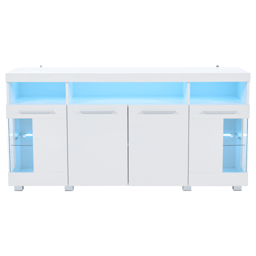 Mesa auxiliar 140x40x70cm - Aparador brilhante com luzes LED, 3 compartimentos, vidro temperado - Branco