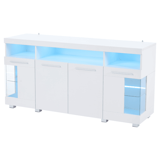 Mesa auxiliar 140x40x70cm - Aparador brilhante com luzes LED, 3 compartimentos, vidro temperado - Branco