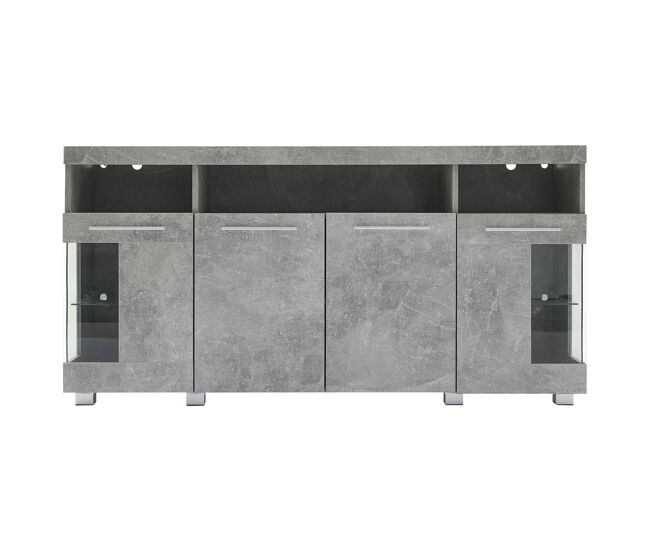 Mesa auxiliar 140x40x70cm - sideboard de alto brillo con luz led, 3 compartimentos, vidrio templado - gris cemento