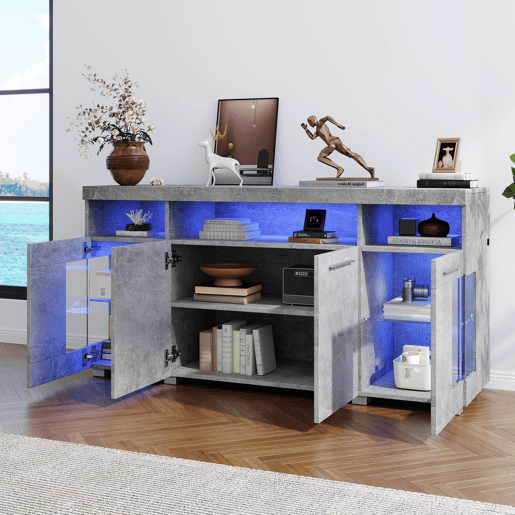 Mesa auxiliar 140x40x70cm - Aparador de alto brilho com luz LED, 3 compartimentos, vidro temperado - Cinza cimento