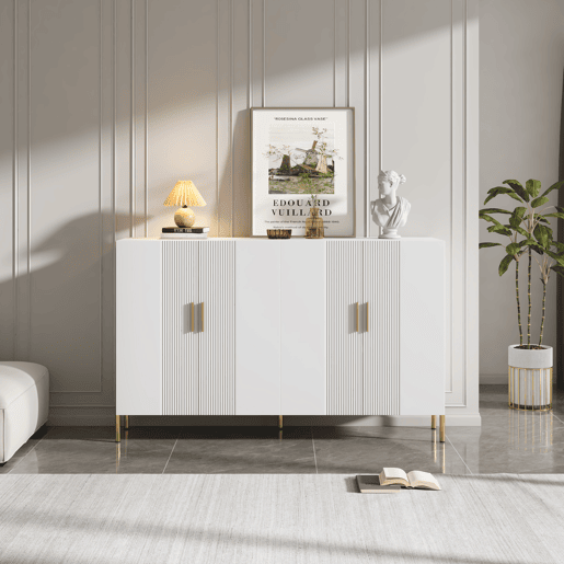 Armário de arrumação multifuncional moderno 160x35x100 - 4 portas abertas e fechadas - branco Armário de arrumação multifuncional moderno 160x35x100 - 4 portas abertas e fechadas - branco