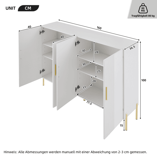 Armário de arrumação multifuncional moderno 160x35x100 - 4 portas abertas e fechadas - branco Armário de arrumação multifuncional moderno 160x35x100 - 4 portas abertas e fechadas - branco