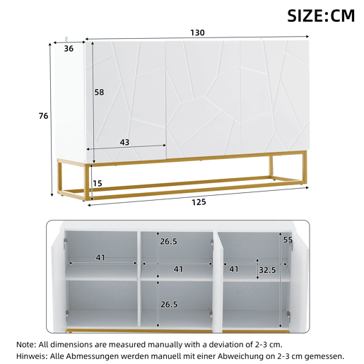 Aparador 130 cm - Moderno, com 4 compartimentos, acabamento brilhante - Branco+Dourado Aparador 130 cm - Moderno, com 4 compartimentos, acabamento brilhante - Branco+Dourado
