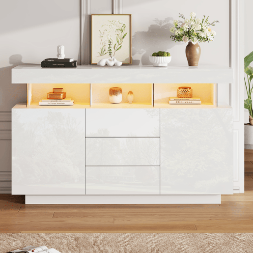 Aparador moderno 140x35x80 cm - Aparador de alto brilho, barra de café, acrílico com luz LED multicolorida - Branco Aparador moderno 140x35x80 cm - Aparador de alto brilho, barra de café, acrílico com luz LED multicolorida - Branco