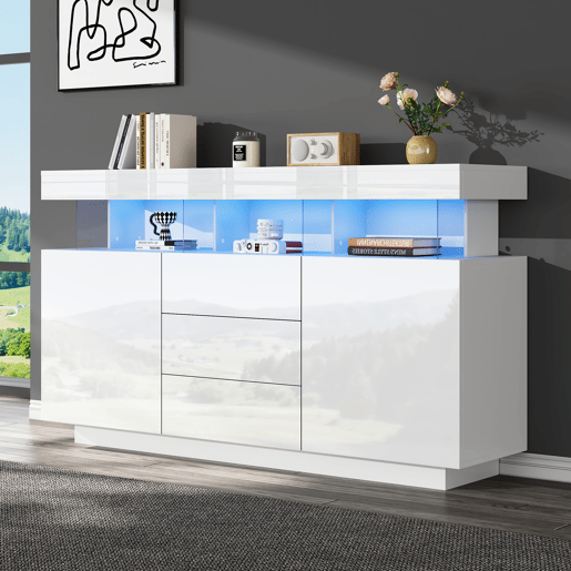 Aparador moderno 140x35x80 cm - Aparador de alto brilho, barra de café, acrílico com luz LED multicolorida - Branco Aparador moderno 140x35x80 cm - Aparador de alto brilho, barra de café, acrílico com luz LED multicolorida - Branco