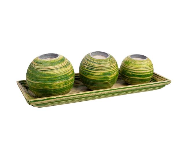 Juego bandeja y 3 portavelas de madera de bambú verde 33x13x3 cm