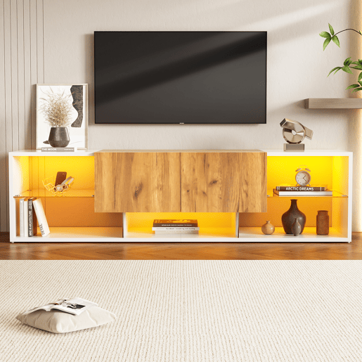 Móvel de TV de 3 níveis para TVs até 70 - Centro de entretenimento moderno com prateleiras de vidro e 2 gavetas - Madeira natural de carvalho + branco antigo