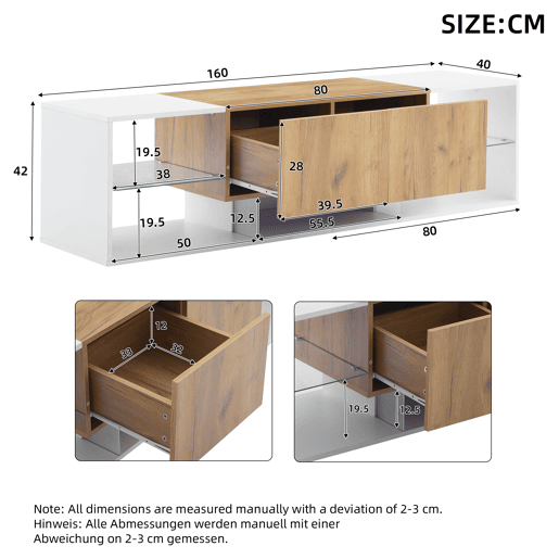 Móvel de TV de 3 níveis para TVs até 70 - Centro de entretenimento moderno com prateleiras de vidro e 2 gavetas - Madeira natural de carvalho + branco antigo