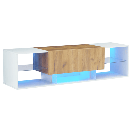 Móvel de TV de 3 níveis para TVs até 70 - Centro de entretenimento moderno com prateleiras de vidro e 2 gavetas - Madeira natural de carvalho + branco antigo