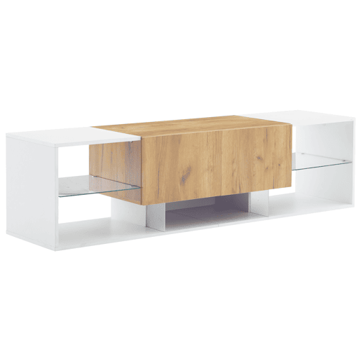 Móvel de TV de 3 níveis para TVs até 70 - Centro de entretenimento moderno com prateleiras de vidro e 2 gavetas - Madeira natural de carvalho + branco antigo