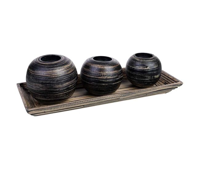 Juego bandeja y 3 portavelas de madera de bambú negro 33x13x3h cm