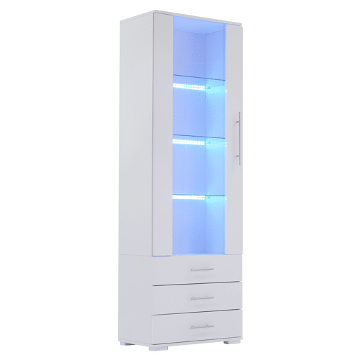 Vitrine de pé 60x35x180 cm - Vitrine de vidro com LED, vertical, com 3 gavetas - Branco Vitrine de pé 60x35x180 cm - Vitrine de vidro com LED, vertical, com 3 gavetas - Branco