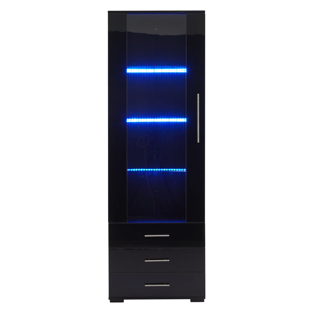 Vitrina de pie 60x35x180 cm - vitrina de vidrio con led, vitrina vertical con 3 cajones - negro brillante