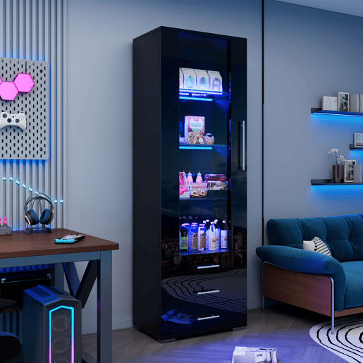 Vitrine de pé 60x35x180 cm - Vitrine de vidro com LED, vitrine vertical com 3 gavetas - Preto brilhante