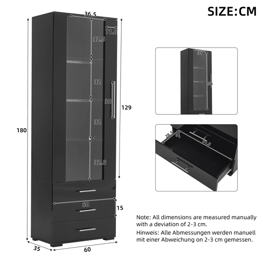 Vitrine de pé 60x35x180 cm - Vitrine de vidro com LED, vitrine vertical com 3 gavetas - Preto brilhante