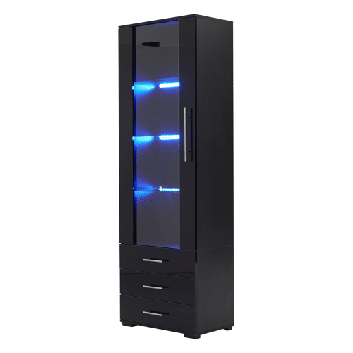 Vitrine de pé 60x35x180 cm - Vitrine de vidro com LED, vitrine vertical com 3 gavetas - Preto brilhante
