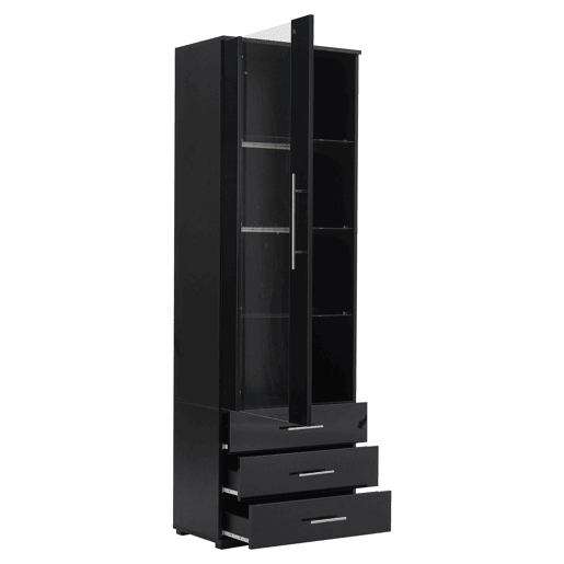 Vitrine de pé 60x35x180 cm - Vitrine de vidro com LED, vitrine vertical com 3 gavetas - Preto brilhante