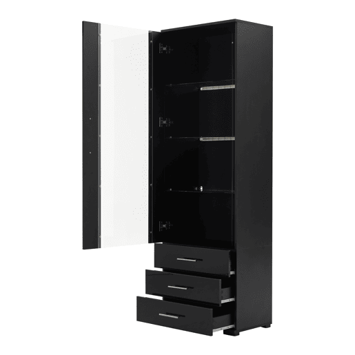 Vitrine de pé 60x35x180 cm - Vitrine de vidro com LED, vitrine vertical com 3 gavetas - Preto brilhante