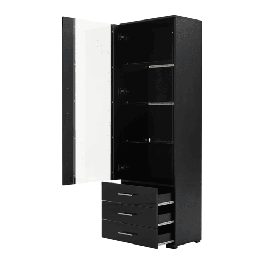 Vitrine de pé 60x35x180 cm - Vitrine de vidro com LED, vitrine vertical com 3 gavetas - Preto brilhante
