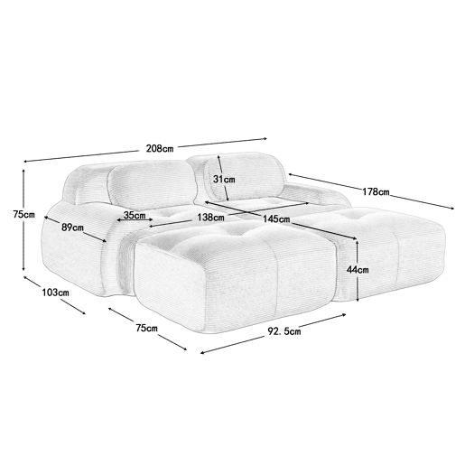 Sofá de 2 lugares - Modular com chaise longue, antiderrapante, apoios de braços ergonómicos e estofamento elástico - Preto