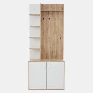 Cabideiro 75x33x180 cm - Com armário, arrumação para sapatos, com cabides, 5 compartimentos de arrumação, cor madeira original + branco