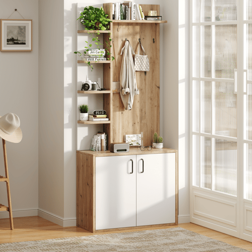 Cabideiro 75x33x180 cm - Com armário, arrumação para sapatos, com cabides, 5 compartimentos de arrumação, cor madeira original + branco