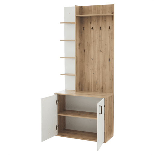 Cabideiro 75x33x180 cm - Com armário, arrumação para sapatos, com cabides, 5 compartimentos de arrumação, cor madeira original + branco