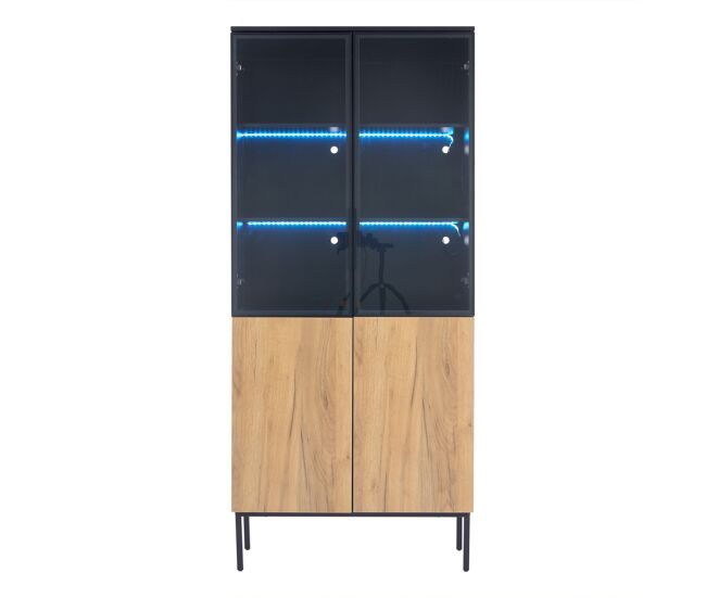 Vitrina con puertas de vidrio 180 cm - estantería de 5 niveles con luces led, para coleccionables, oficina - negro/roble
