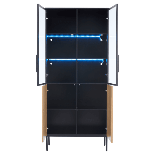 Vitrine com portas de vidro 180 cm - Estante de 5 níveis com luzes LED, para colecionáveis, escritório - PretoCarvalho Vitrine com portas de vidro 180 cm - Estante de 5 níveis com luzes LED, para colecionáveis, escritório - PretoCarvalho