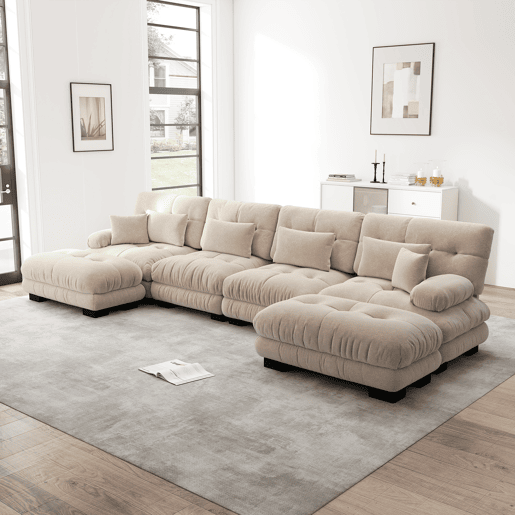 Sofá modular U 4 lugares - Sofás confortáveis Cloud com otomano móvel - Chenille - Castanho claro