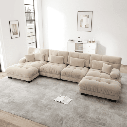 Sofá modular U 4 lugares - Sofás confortáveis Cloud com otomano móvel - Chenille - Castanho claro