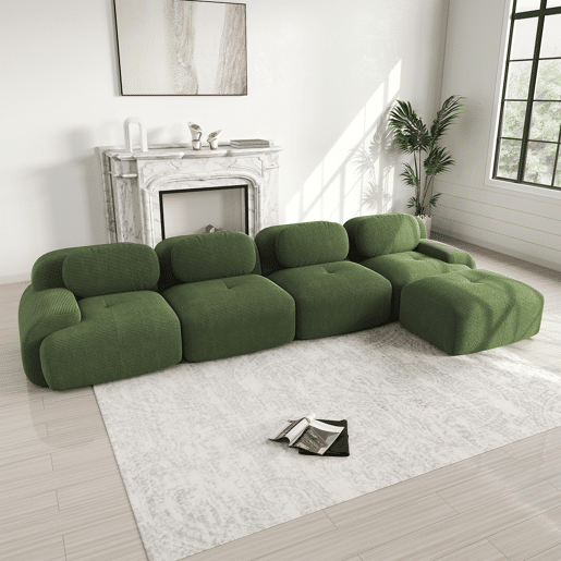 Sofá de canto para 4 pessoas - Com estofamento 32D de alta elasticidade, antiderrapante, com chaise longue, braços extra largos, combinável sem montagem - Verde