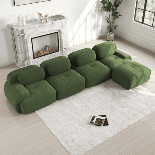 Sofá de canto para 4 pessoas - Com estofamento 32D de alta elasticidade, antiderrapante, com chaise longue, braços extra largos, combinável sem montagem - Verde