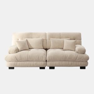 Sofá de canto Cloud - Chenille, 2 almofadas lombares e 2 almofadas decorativas, estrutura em madeira maciça - Castanho claro
