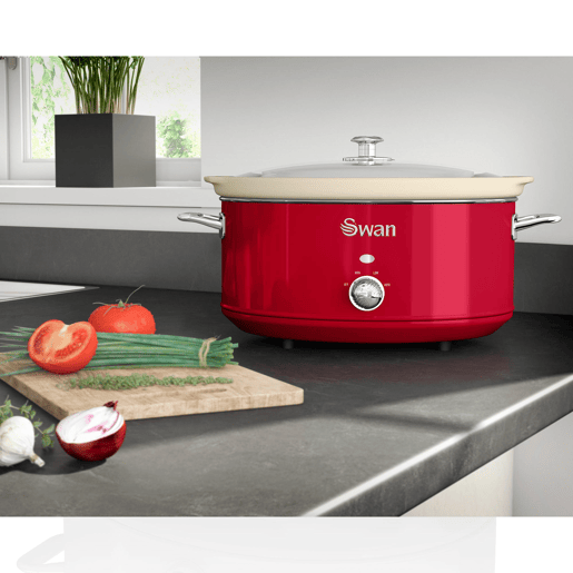 SWAN SF17031RNEU Retro Slow Cooker 6,5L, Panela de Cerâmica Antiaderente sem PFOA e PTFE, 320, Vermelho