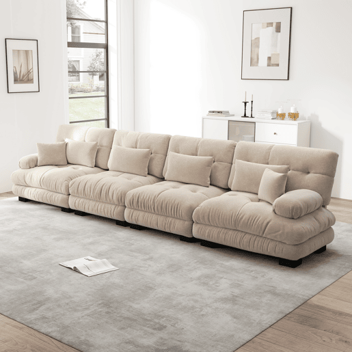 Sofá modular de 4 lugares - Ecksofa com assento profundo, Chenille, Sofá-cama confortável - Café claro