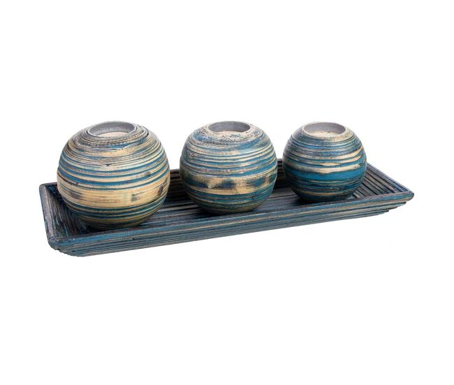 Juego bandeja y 3 portavelas de madera de bambú azul 33x13x3h cm