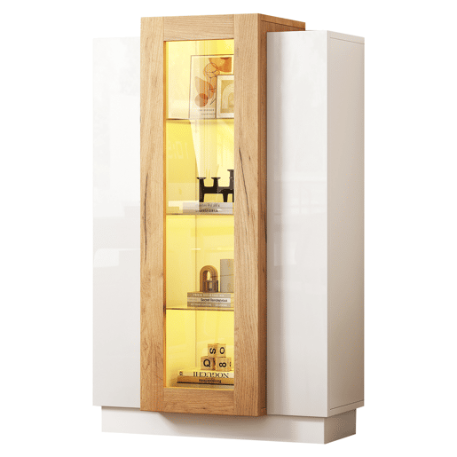 Móvel de sala 74x40x120 cm - Vitrine com 3 portas, LED, prateleira de vidro e gaveta - Alto brilho