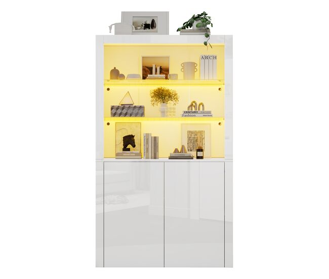Sofa-sideboard 100x35x170 cm - hochglanz-aufbewahrungsschrank mit led-leuchten, vitrinenschrank mit gehärtetem glas - blanco