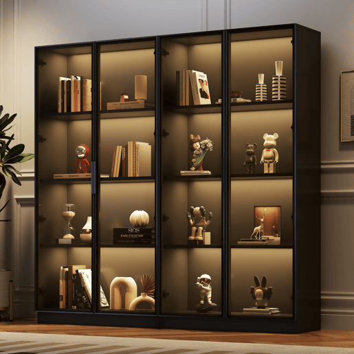 Vitrine de vidro com iluminação LED controlada por APP - 4 portas, prateleiras móveis, armário para sala, armário independente, armário de casa de banho - Cor preta
