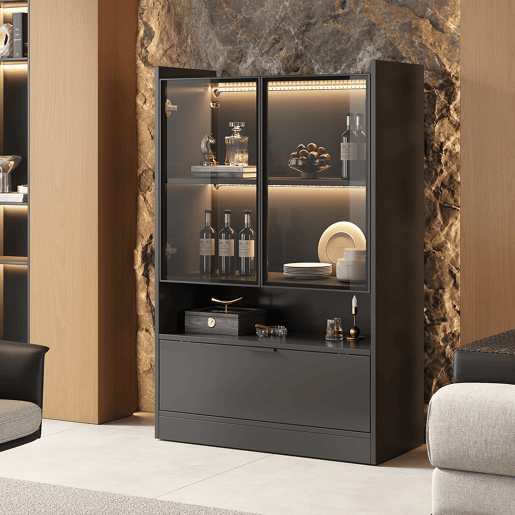 Vitrine LED moderna 120 cm - Com iluminação LED de 16 cores, vitrine de vidro com portas de vidro e porta basculante - Preto