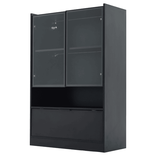 Vitrine LED moderna 120 cm - Com iluminação LED de 16 cores, vitrine de vidro com portas de vidro e porta basculante - Preto