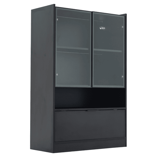Vitrine LED moderna 120 cm - Com iluminação LED de 16 cores, vitrine de vidro com portas de vidro e porta basculante - Preto