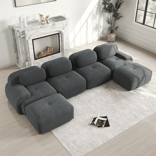 Sofá modular em U - sem montagem - Veludo cotelê respirável, espuma de alta elasticidade 32D, braços extra largos, ergonómico e adequado para animais de estimação - Cinza