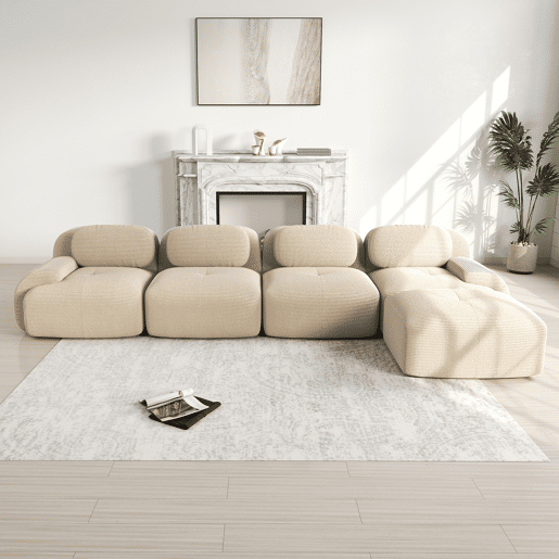 Sofá de canto para 4 pessoas - 32D almofadado de alta elasticidade, antiderrapante, com chaise longue, braços extra largos, combinável, sem montagem - Bege