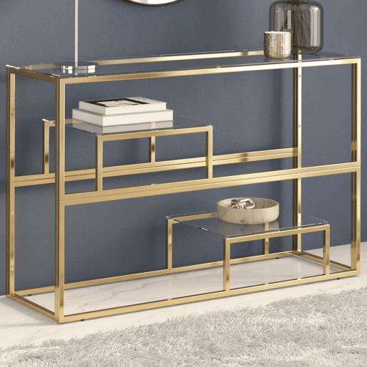 Mesa Consola - Mesa De Entrada aço inoxidável e vidro temperado dourado