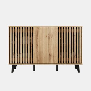 Móvel auxiliar 150x40x95cm - Aparador com 3 portas, 6 compartimentos, ideal para sala, quarto e escritório - Madeira natural